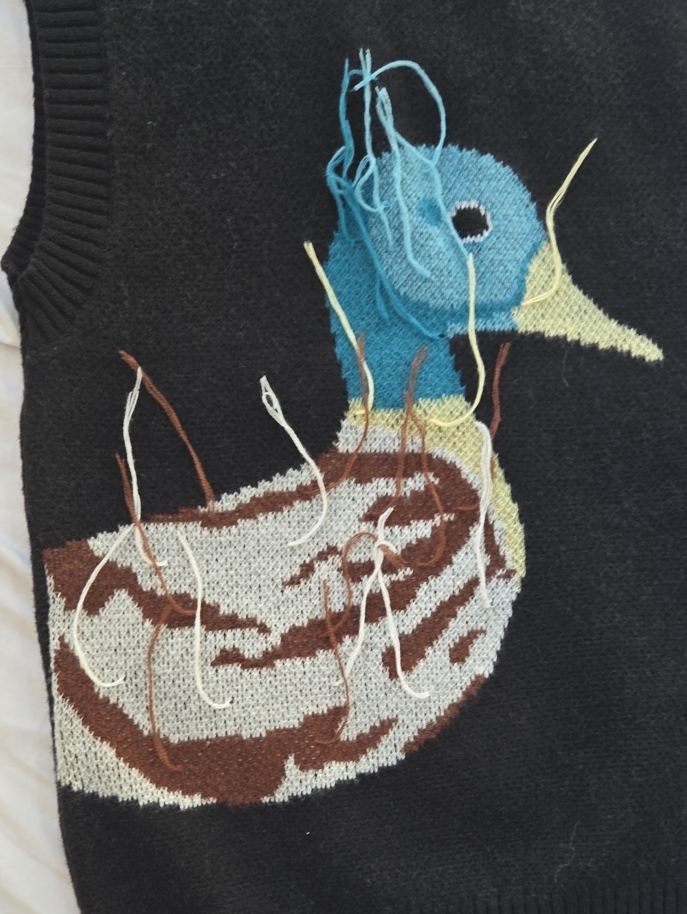 Men/Unisex BlackSleeveless Sweater Graphic Colorful Duck Front With Long Threads - Picture 5 of 12